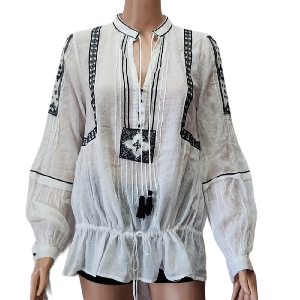 ZARA Women's Size XS Boho‎ Top Embroidered Peplum Tassel Tie Neck White /Black